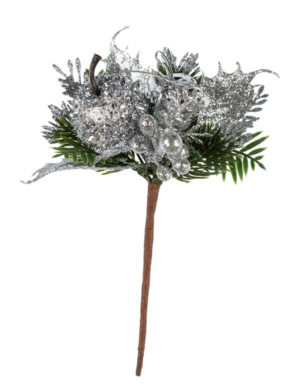 Веточка декоративная Еловая веточка с яблоком 16 см, 6 шт, подарком, ягодами/под 