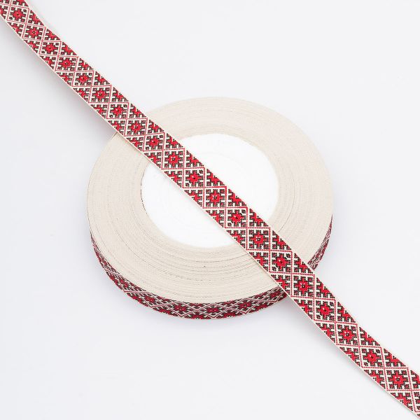 Лента декоративная х/б 15.0 мм / 25±1 метров, ромб красный, 881