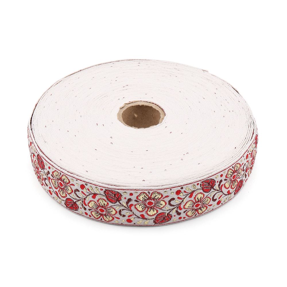 Лента (тесьма) жаккардовая 32.0 мм / 25±1 метров, с метанитом Яблоневый цвет, рис. 9565 белый / золотой / красный, С3104Г17