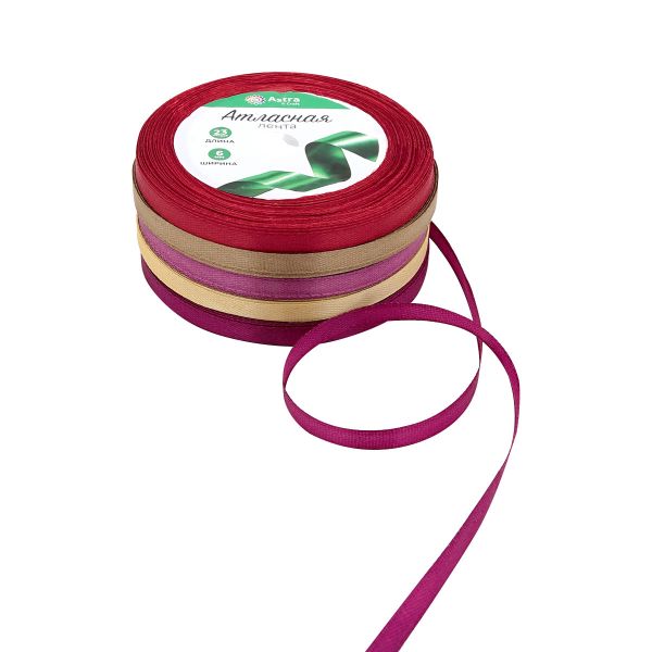 Набор атласных лент 5 цветов по 6.0 мм / 23 метра, бордово-золотой микс