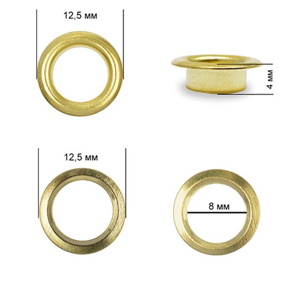 Люверсы металл ⌀_8.0 мм (внутр.), внешн. ⌀12.5 мм (внутр.), h4 мм (внутр.), №5, сталь, цв. золото, 500 шт, TBY