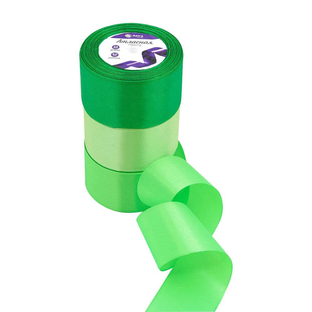 Набор атласных лент 3 цвета по 50.0 мм / 23 метра, зеленый микс