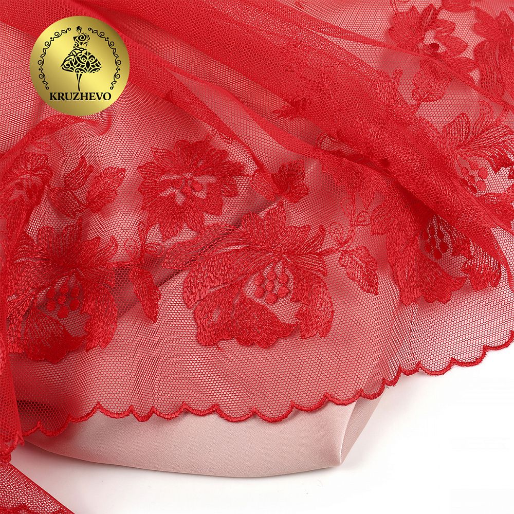 Кружево на сетке широкое 225 мм, OG44, цв.красный, правая уп.6м, Kruzhevo
