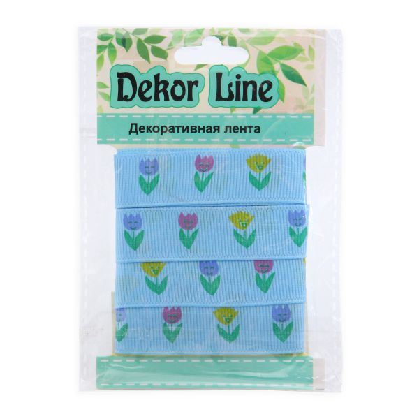 Лента репсовая (в рубчик) Тюльпаны, 15 мм, 3м, голубой