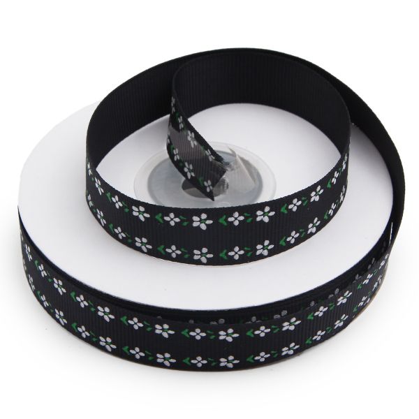 Лента репсовая (в рубчик) Цветочный орнамент 1,5см*22.86 м (черный)