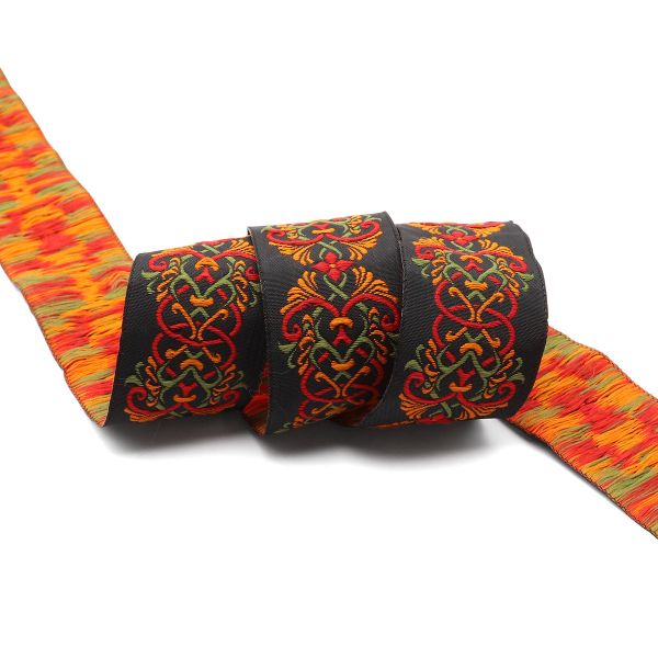 Лента (тесьма) жаккардовая 35.0 мм / 10±0.5 метров, Дамаск 35976 V6 черный/оранжевый
