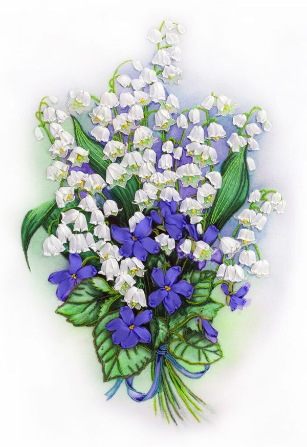 Набор для вышивания нитками Panna, Живая картина, Букет ландышей и фиалок, 20х27 см