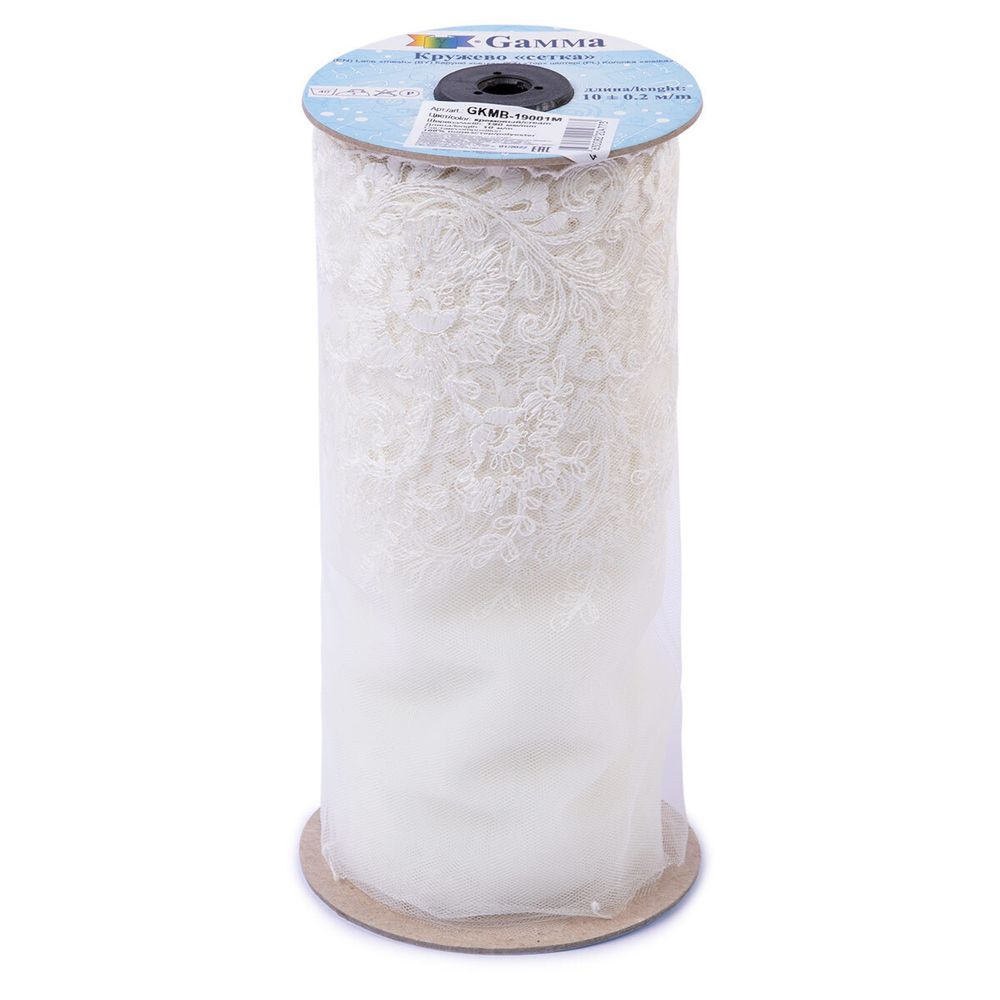 Кружево на сетке широкое 190 мм / 10 м, кремовый, Gamma GKMB-19001M