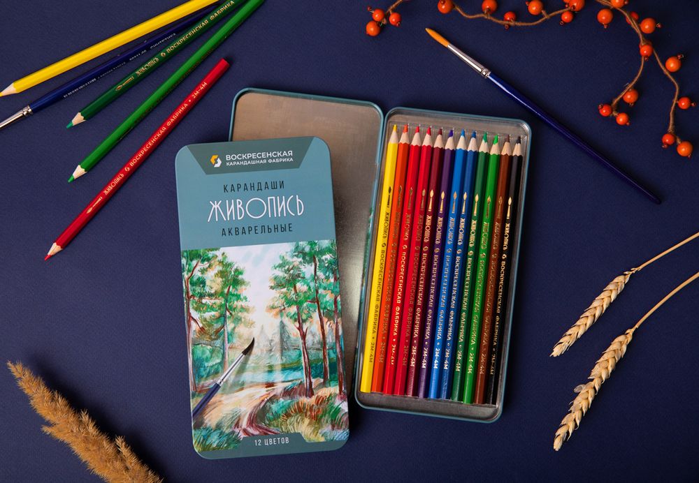 Карандаш акварельный в наборе заточенный 2х12 цв, в металлической коробке, ВКФ JIV-WCPM-1012