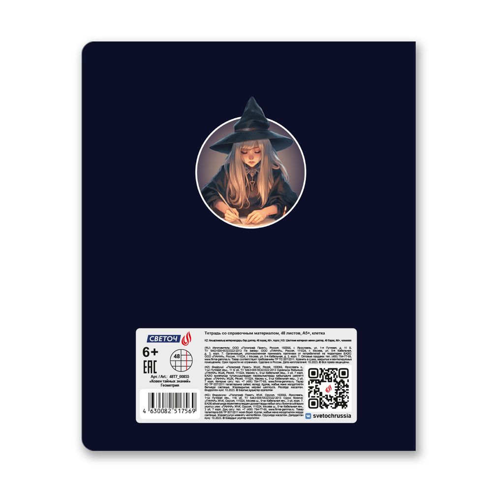 Тетрадь со справочным материалом Ковен тайных знаний, A5+ 48 л. на скобе 65 г/м², белизна 100%, 10 шт, клетка, 00855 Геометрия, Светоч 48Т7
