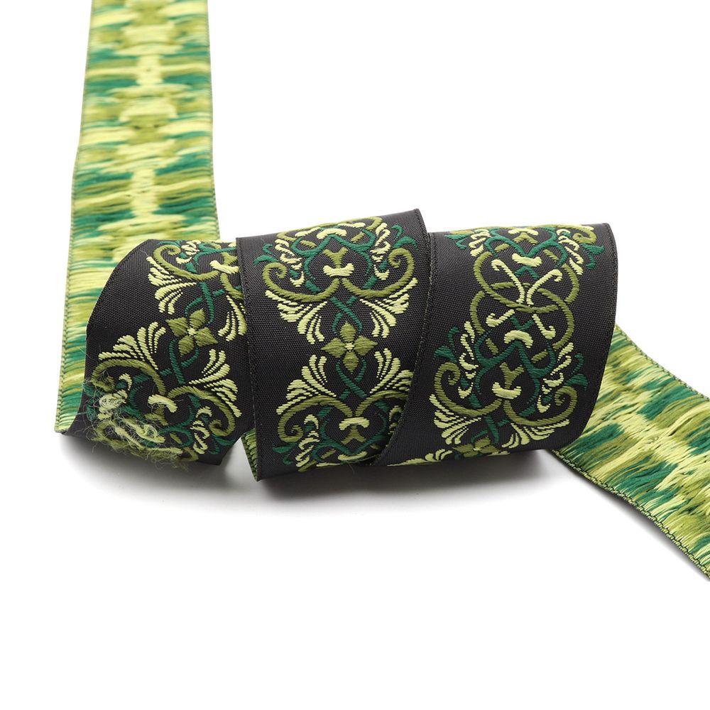 Лента (тесьма) жаккардовая 35.0 мм / 10±0.5 метров, Дамаск (V4 черный/зеленый), 35976