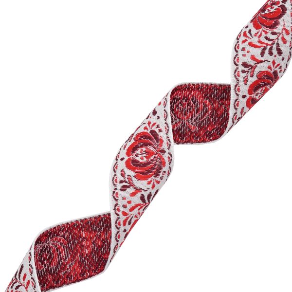 Лента (тесьма) жаккардовая 32.0 мм / 25±1 метров, рис. 9581 Гжель, (1 белый/красный/бордовый) С1853Г17