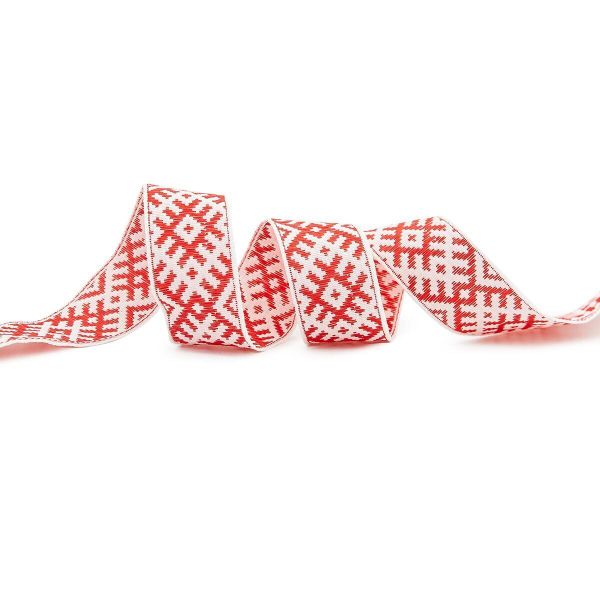 Лента (тесьма) жаккардовая 24.0 мм / 25±1 метров, Славянский орнамент Оберег, рис.9700 (1 красный/белый) С3772Г17