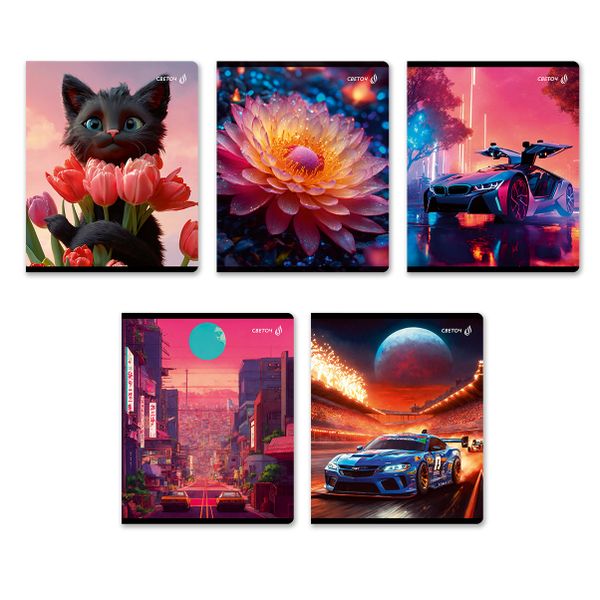 Тетрадь ученическая общая, выборочный лак, A5+ 96 л. на скобе 65 г/м², белизна 100 %, 5 шт, клетка, 01126 Микс-На закате, Светоч Т80