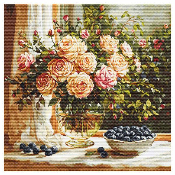 Набор для вышивания нитками Luca-S B719, Ваза с розами и черникой, 35х35см