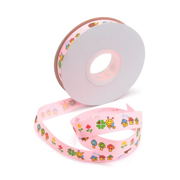 Лента репсовая (в рубчик) PREMIUM Ежик и Пчелка, 16 мм, 22,5м (A5-012 розовый)