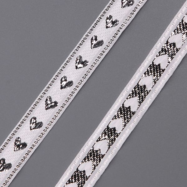 Тесьма декоративная металлизированная Сердечки 15 мм / 25 метров, 15005 белый/серебро