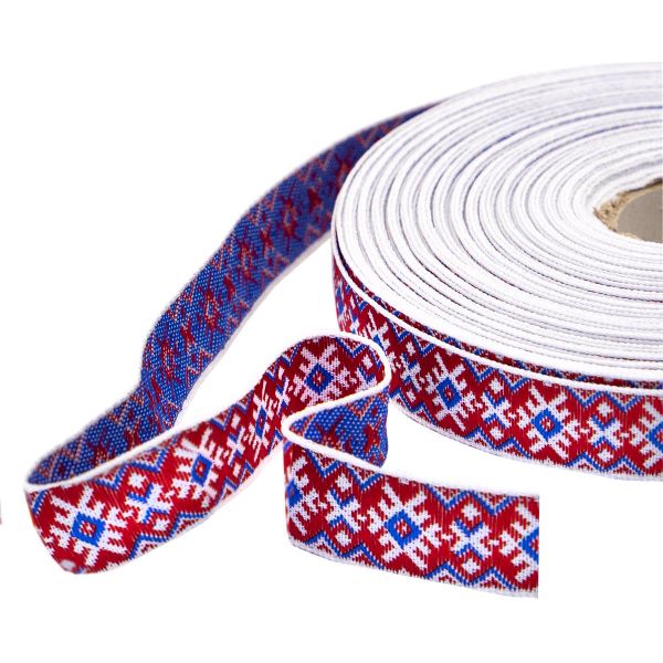 Лента (тесьма) жаккардовая 18.0 мм / 25±1 метров, Славянский орнамент Оберег, рис.9651 (1 белый/красный/синий) С3771Г17