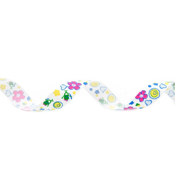 Лента репсовая (в рубчик) Сердечки и цветы 1,5см*22.86 м (белый)