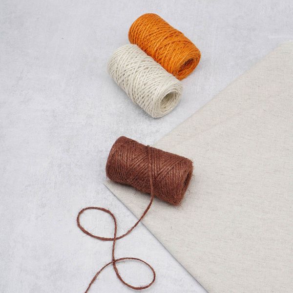 Шпагат джутовый ⌀1.4 мм / 50 метров (50 г), 2-ниточный, 1200 текс, евробобина, 3 шт, ассорти 3 (белый, оранжевый, коричневый)