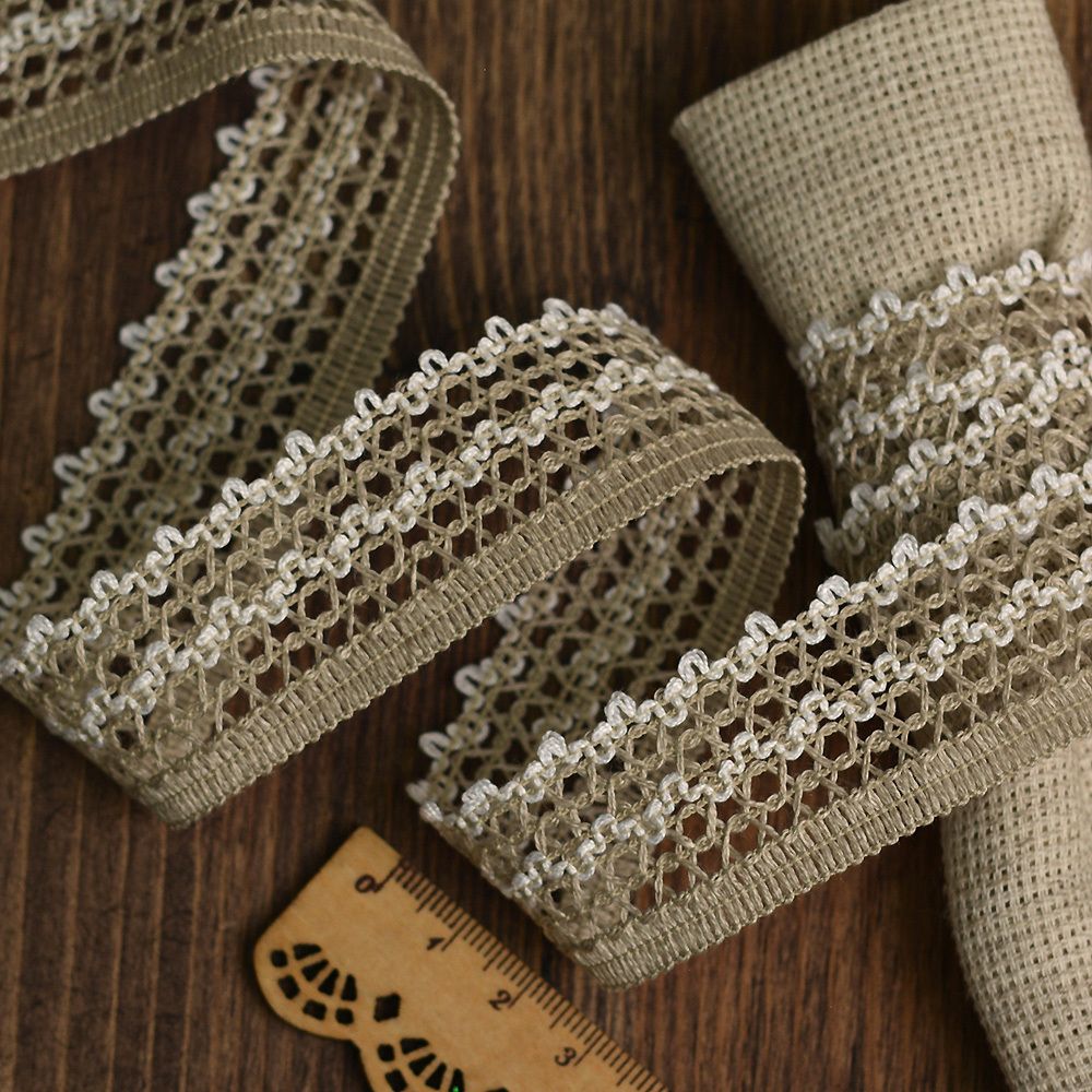 Кружево вязаное (тесьма) 30 мм, диз. 969, цв.201 лен с белым, уп. 25 м, Kruzhevo Кружево вязаное (тесьма) 30 мм, диз. 969, цв.201 лен с белым, уп. 25 м, Kruzhevo