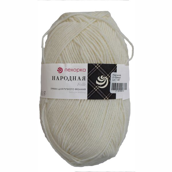 Пряжа Пехорка Народная / уп.5 мот. по 100 г, 220 м, 01-Белый