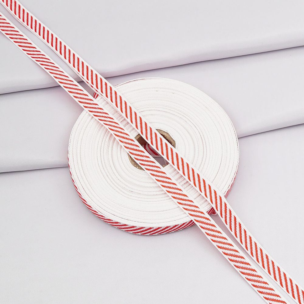 Лента (тесьма) жаккардовая 10.0 мм / 25±1 метров, Славянский орнамент Оберег, рис. 9723, белый/красный, С3853Г17