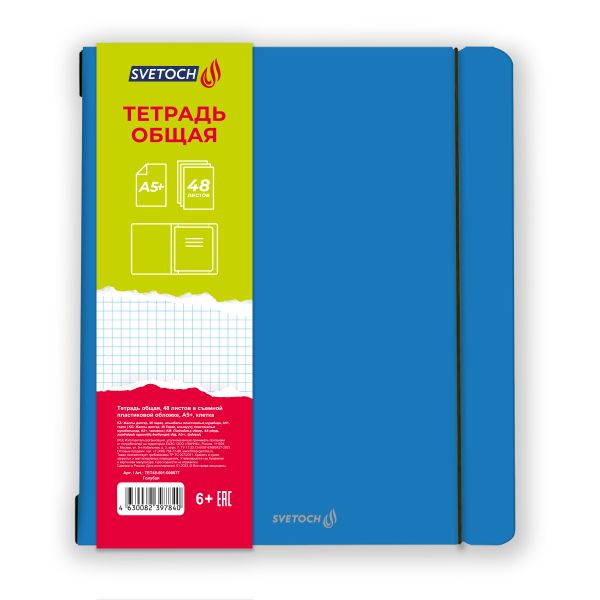 Тетрадь общая в съёмной пластик. обложке на резинке, тиснение фольгой, 500 мкр, A5+ 48 л. папка 65 г/м², белизна 100%, 4 шт, клетка, 000677 Голубая, Светоч ТЕТ48-001