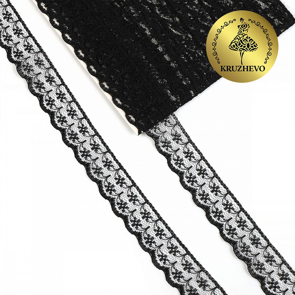 Кружево отделочное в стиле "трикотаж" 15 мм диз. T-012 цв.черный уп.9м