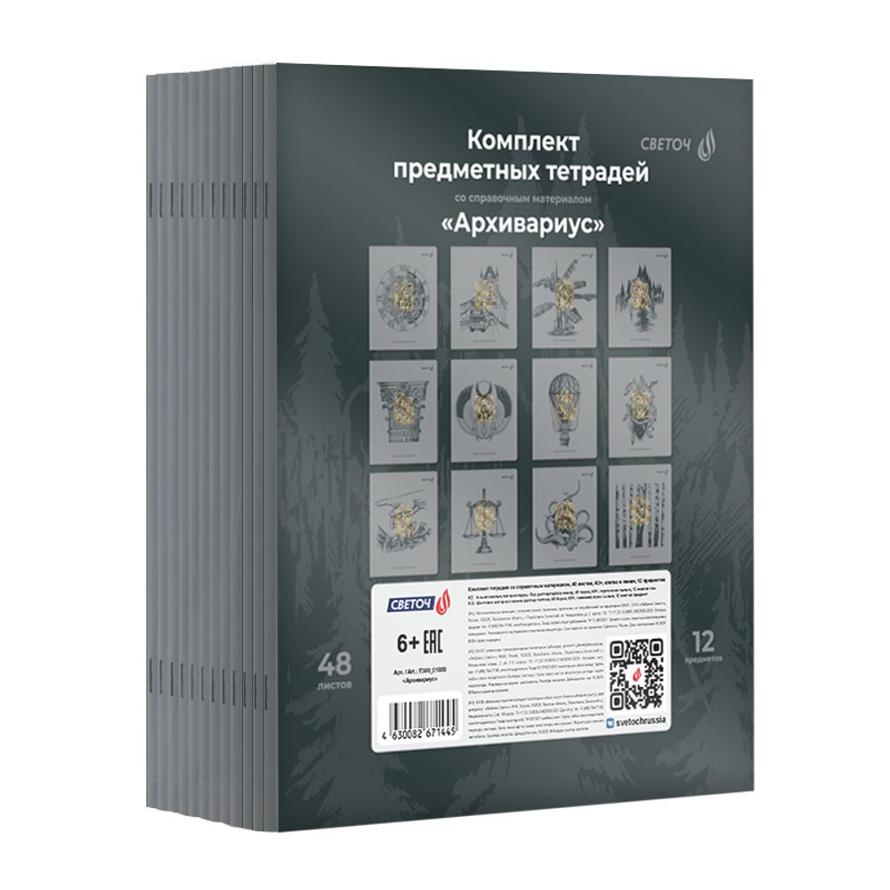 Комплект тетрадей со справочными материалами Архивариус, пластик.обл. 320мкм с тис.золот.фольгой. A5 48 л. 12 шт на скобе 65 г/м², белизна 100% 1 шт клетка/линия, 01889 12 предметов, Светоч Т300