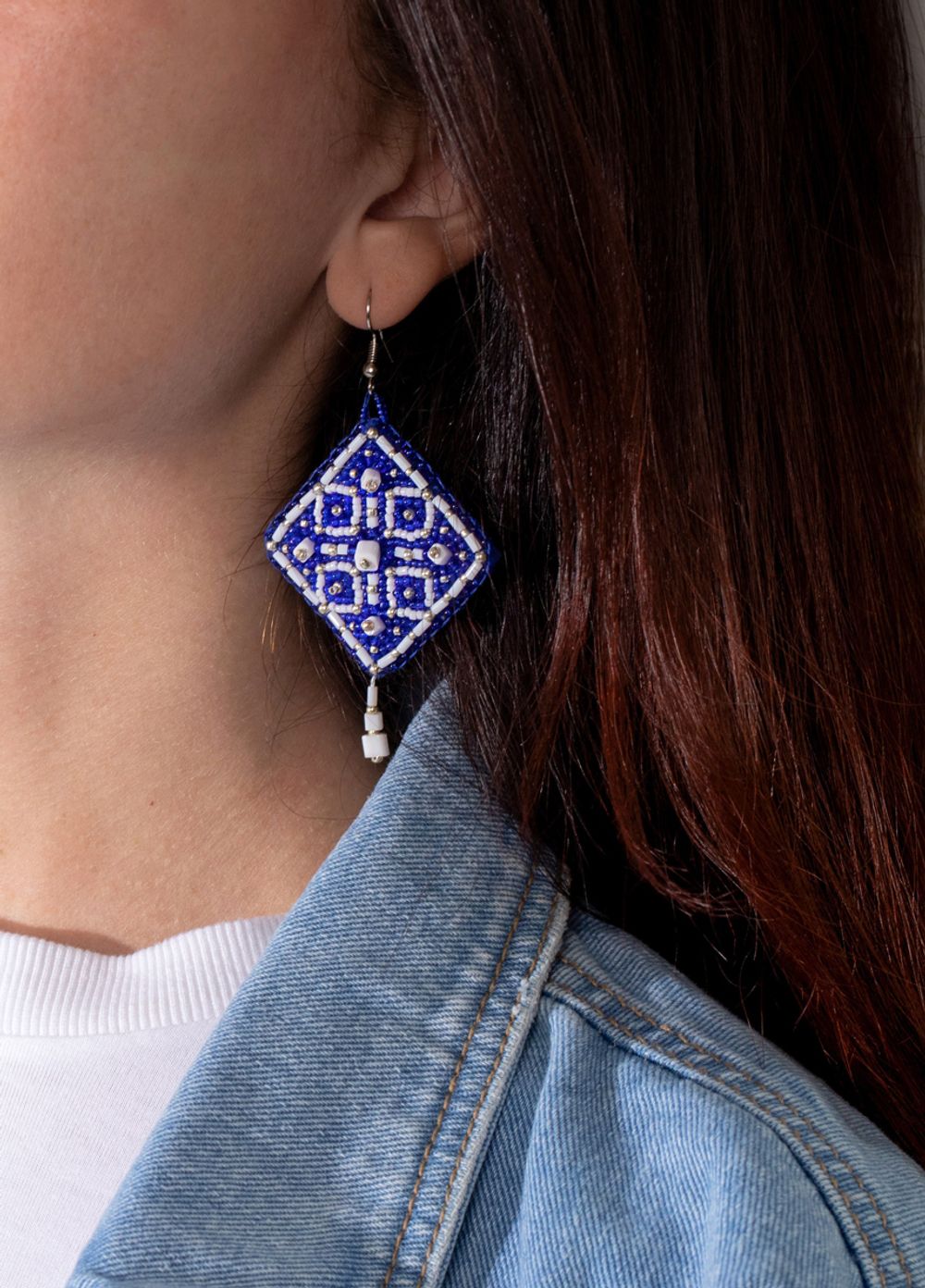 Набор для вышивания бисером Klart, серьги квадратные Синий орнамент, 4,5х4,5 см