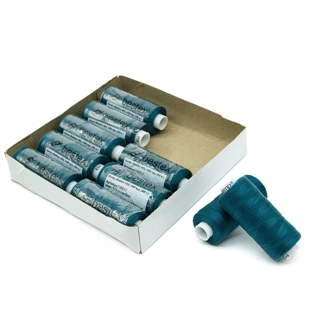 Нитки швейные бытовые Bestex 40/2, 365 м (400 ярд) / 10 кат., 113 сине-зеленый