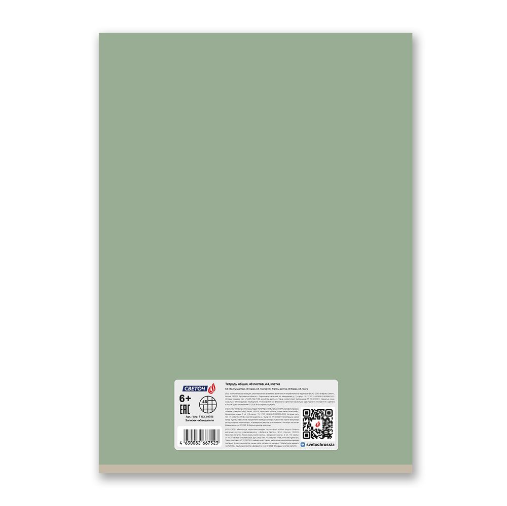 Тетрадь ученическая общая, A4 48 л. на скобе 65 г/м², белизна 100% 6 шт клетка, 01755 Записки наблюдателя, Светоч Т152