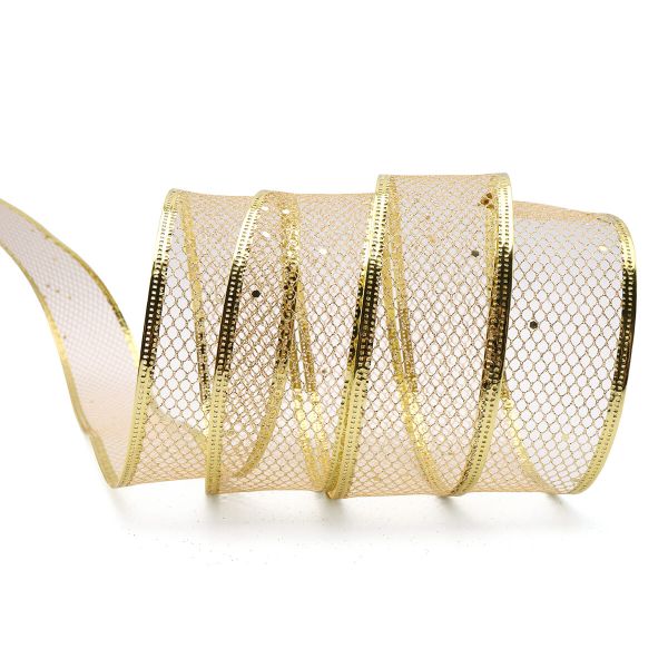 Лента упаковочная (сетка с глиттером) золото 5см, 10м, QR-015