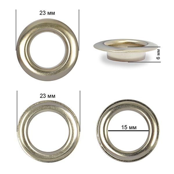 Люверсы металл ⌀15.0 мм (внутр.), внешн. ⌀23 мм (внутр.), h6 мм (внутр.), №28, сталь, цв. никель, 200 шт, TBY