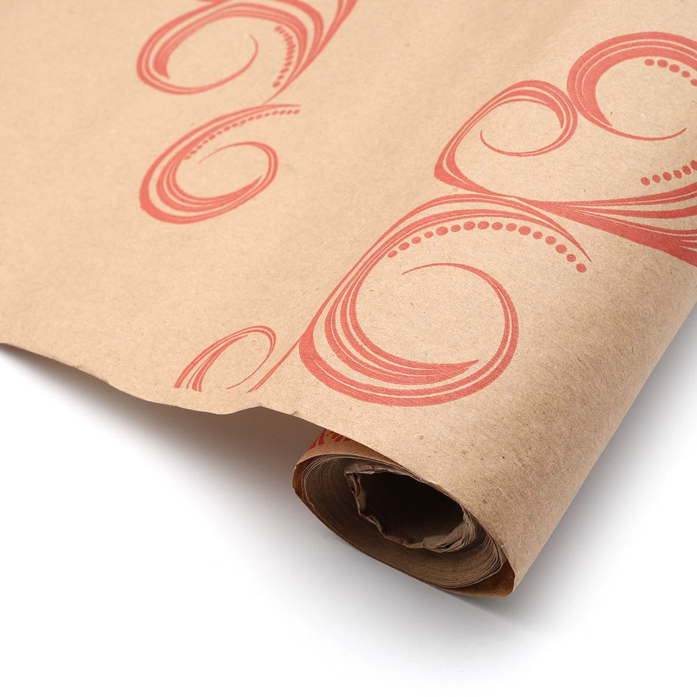 Крафт бумага Завитки, красный на коричневом фоне, 70см, 8,5ярд +/-5%, КК0099