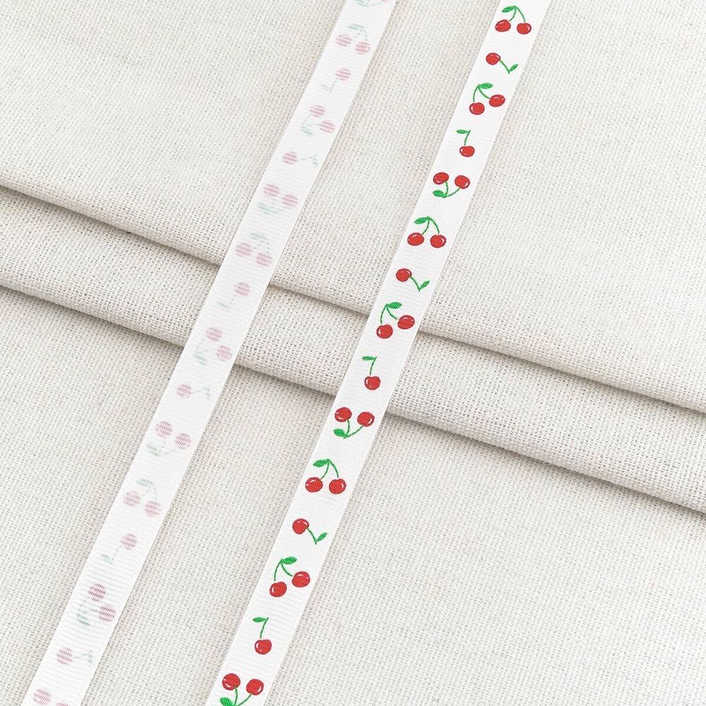 Лента репсовая (в рубчик) с принтом 10.0 мм / 45.72 метра, Вишенки 1012 белый