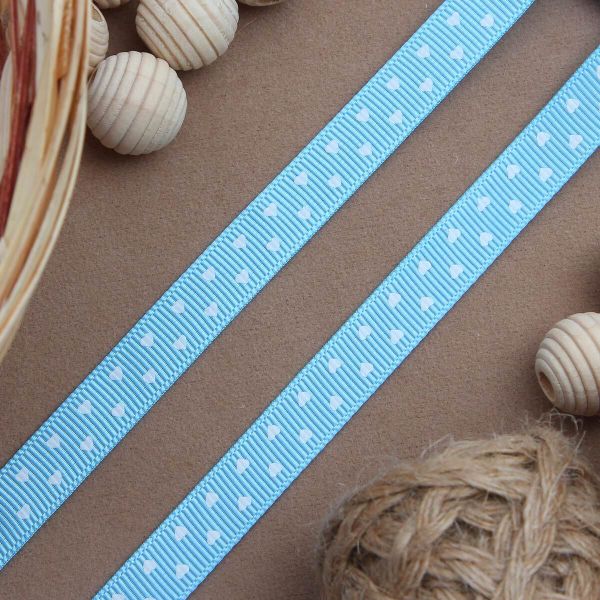 Лента репсовая (в рубчик) Сердечки мелкие, 10 мм, 3м, голубой