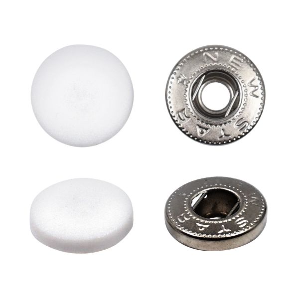 Кнопка Альфа (S-образная) ⌀15.0 мм, ≈720 шт, шляпка пластик + отв.части МЕТАЛЛ, 101 белый + отв.части никель, NEW STAR