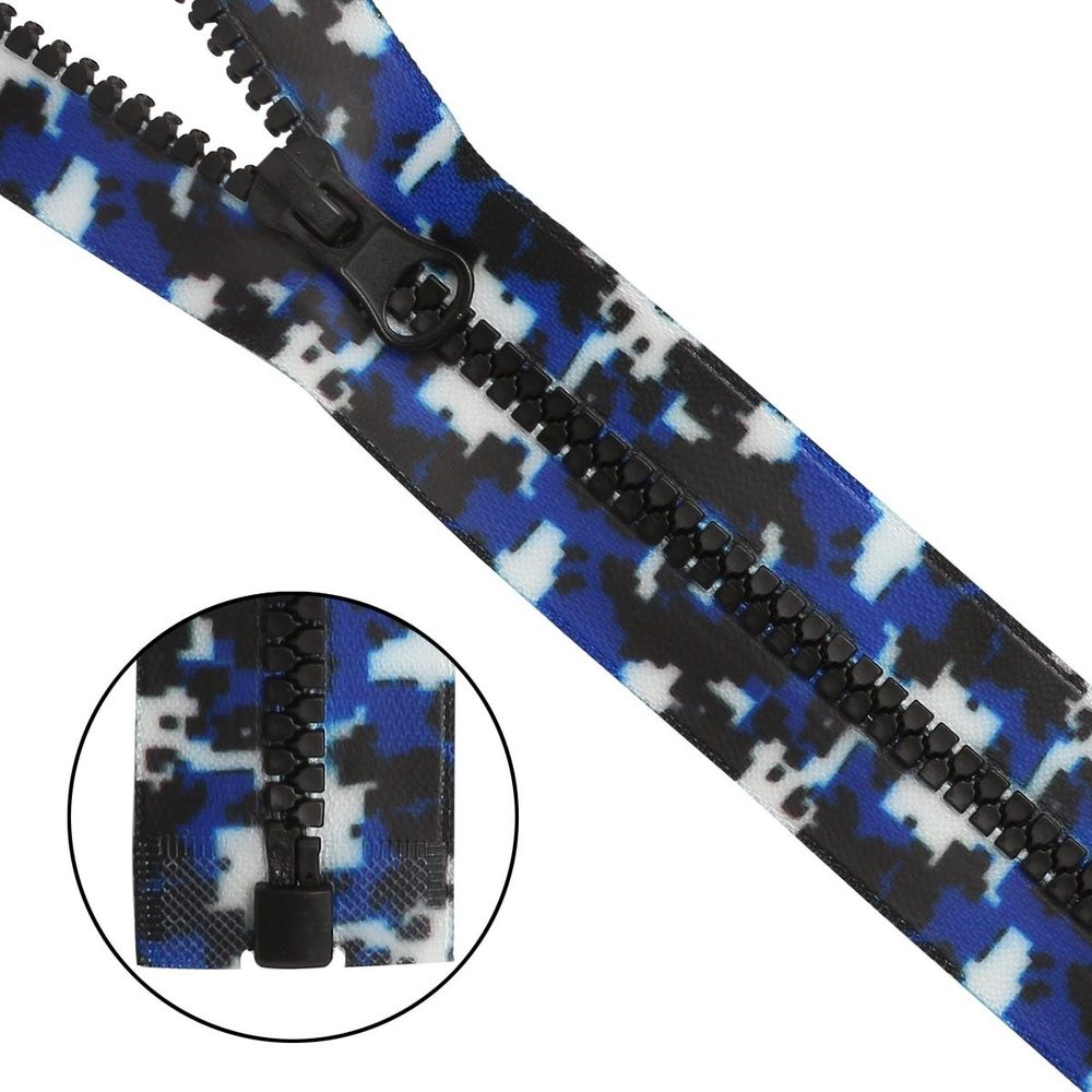 Молния трактор Т5 (5 мм) 1 зам., разъем., 80 см, декор. звено акулий зуб, принт Милитари, синий, 5 шт