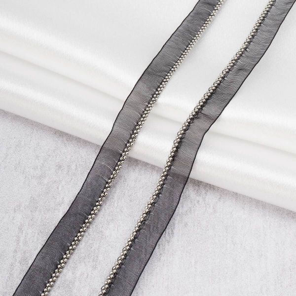 Кант декоративный на сетке с металлическими бусинами 10 мм / 41.14 метров, черный/серебро, 3Al289