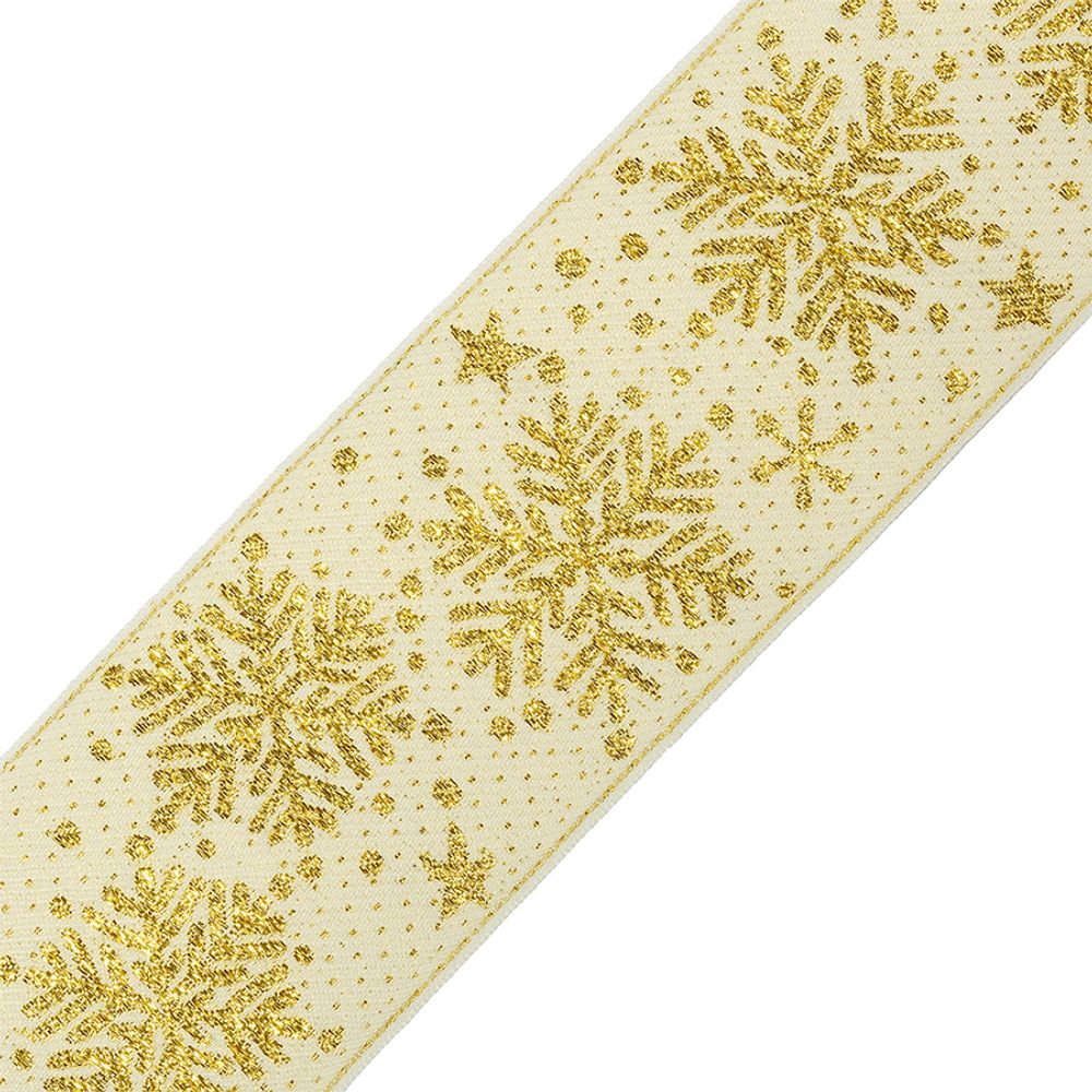 Лента (тесьма) жаккардовая, 1858 Снежинка, 60 мм, уп. 12,5м, бежевый-золото