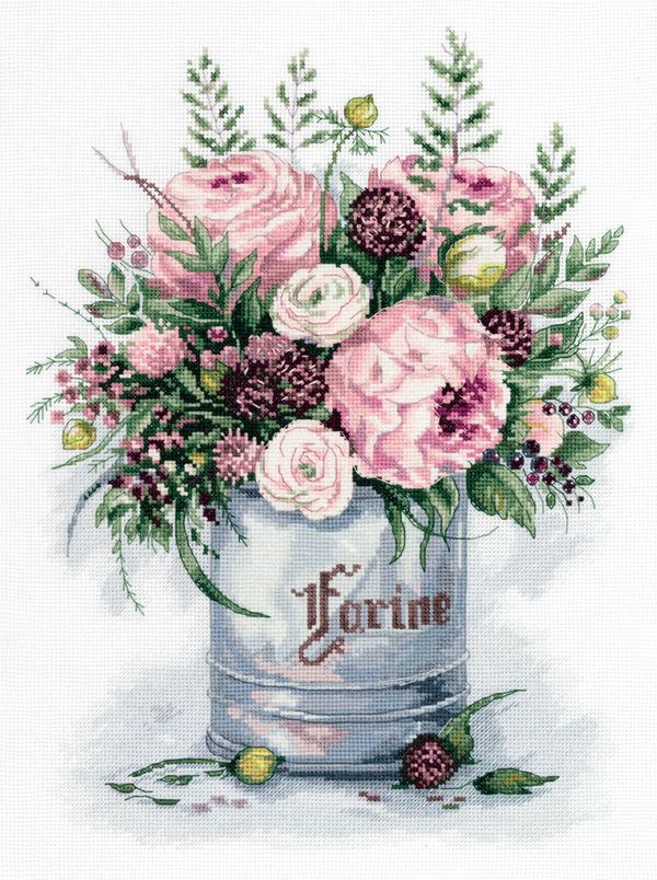 Набор для вышивания нитками Panna, Золотая серия, Акварельный Букет, 27х35 см