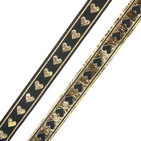 Тесьма декоративная металлизированная Сердечки 15 мм / 25 метров, 15005 черный/золото