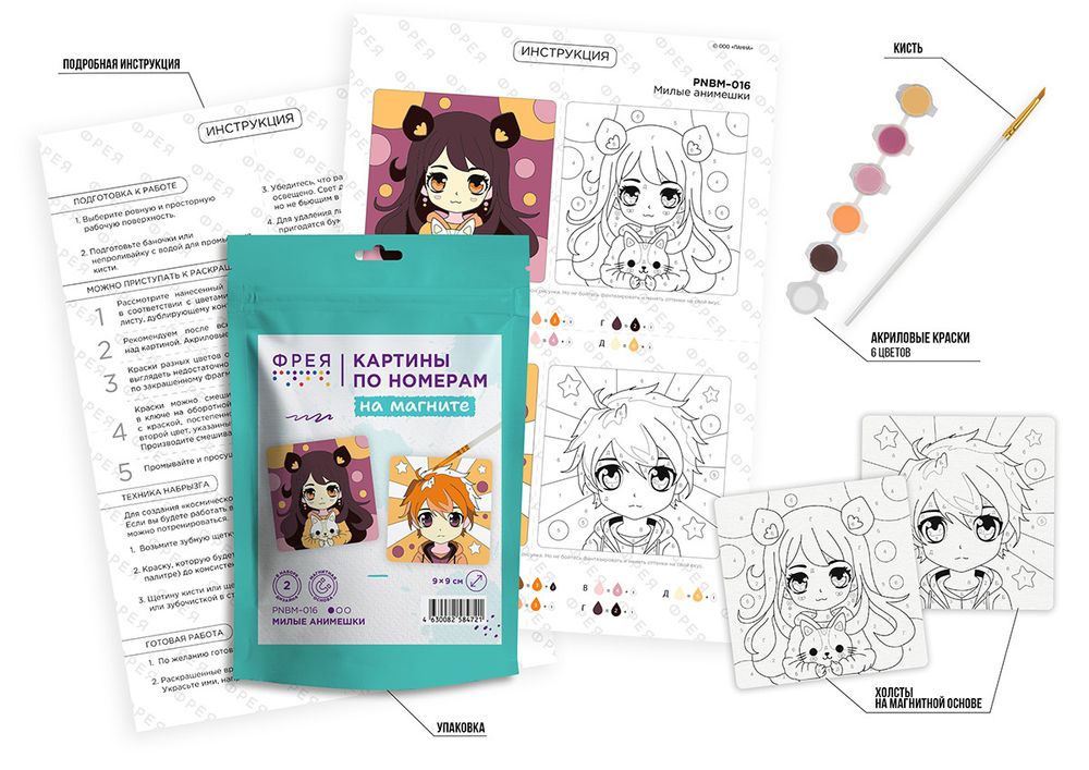 Картина по номерам Фрея PNBM-016, Милые анимешки, (на магните) 9х9 см