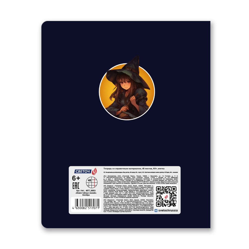 Тетрадь со справочным материалом Ковен тайных знаний, A5+ 48 л. на скобе 65 г/м², белизна 100%, 10 шт, клетка, 00851 Алгебра, Светоч 48Т7