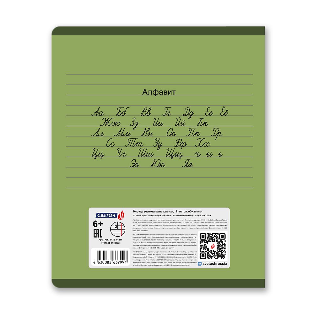 Тетрадь ученическая школьная, A5 12 л. на скобе 65 г/м², белизна 100% 25 шт линия, 01441 Только вперёд, Светоч Т178