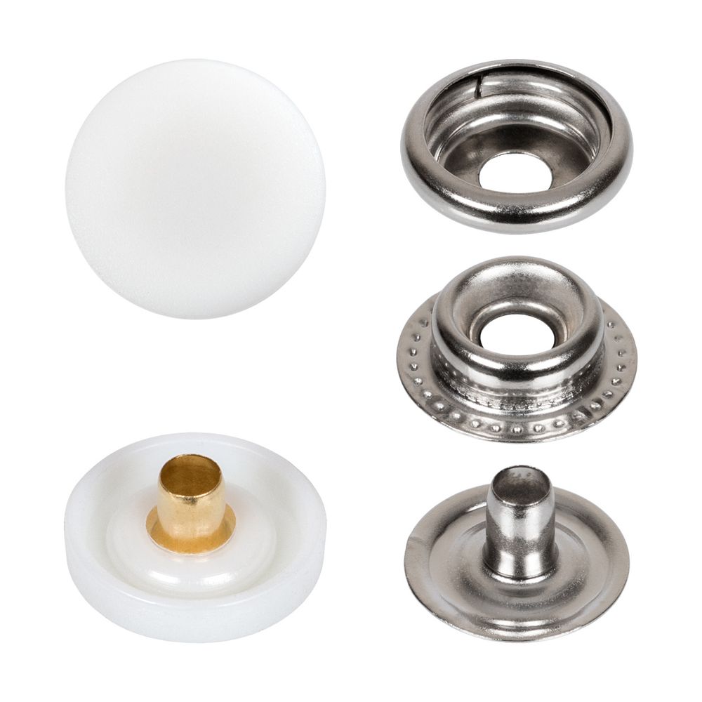 Кнопка Альфа (S-образная) ⌀15.0 мм, 720±20 шт, с пласт. верхом, пластик/нерж., белый, Gamma