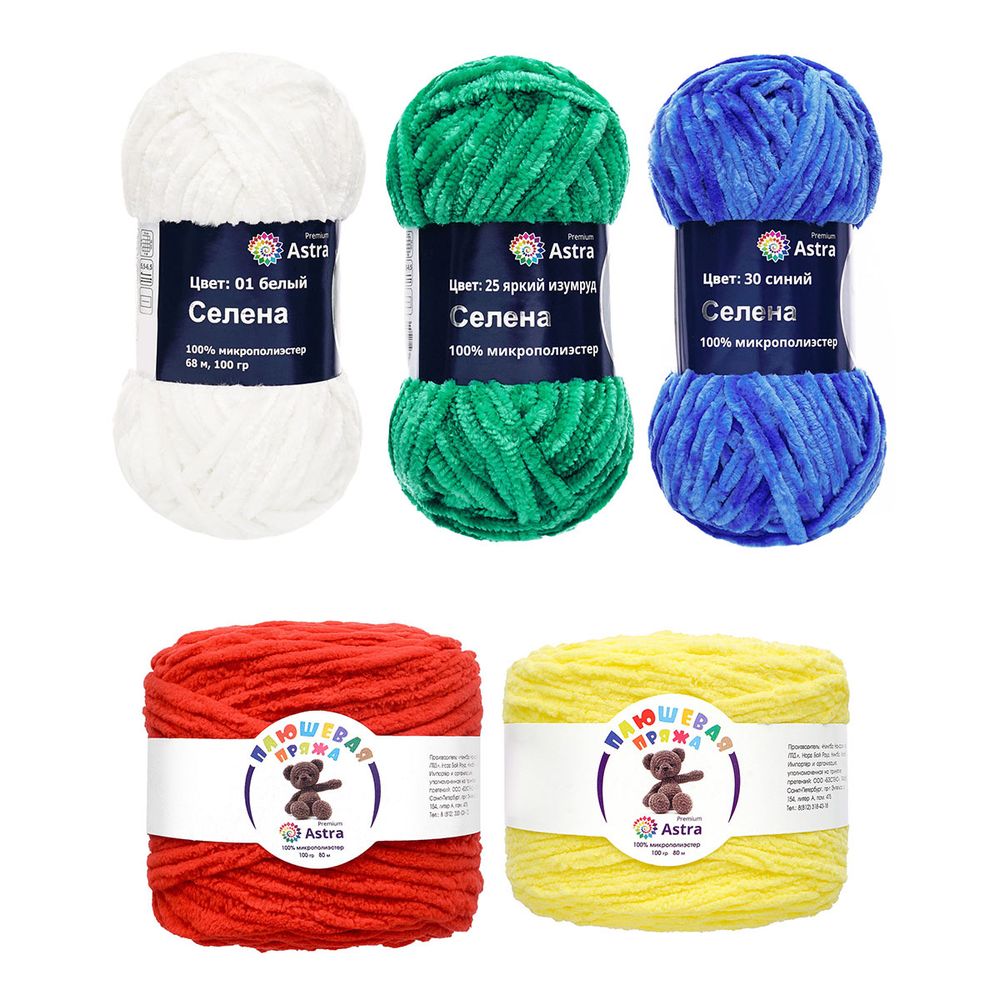 Пряжа Astra Premium (Астра Премиум) Селена / уп.3 мот. по 100 г, 68 м + Плюшевая / уп.2 мот. по 100 г, 80 м, ассорти №2 (5 цветов)