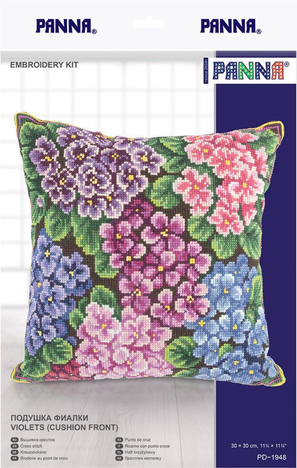 Набор для вышивания нитками Panna, Подушка Фиалки, 30х30 см